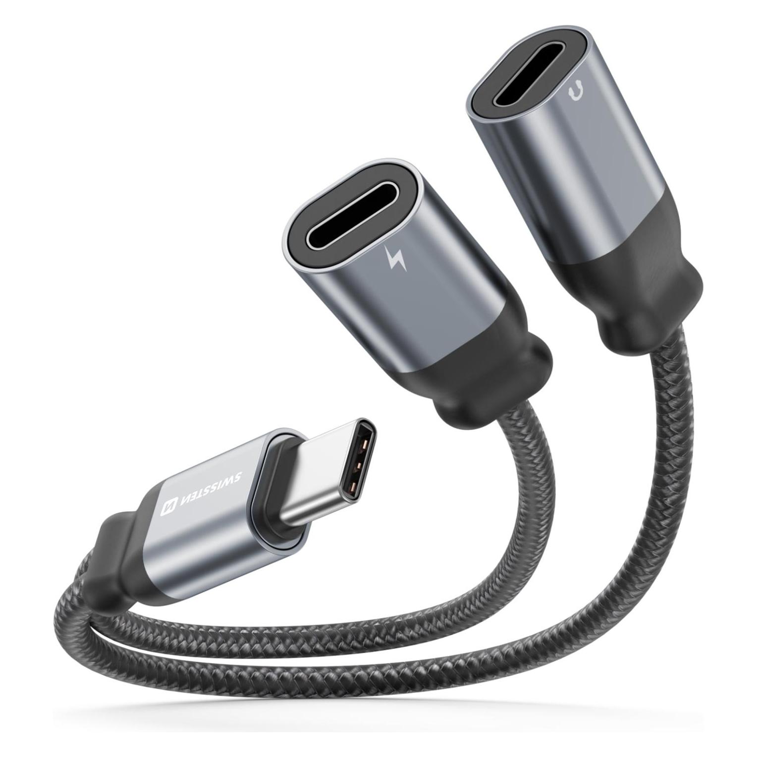 Swissten Audioadapter Textil USB-C (male)/ 2x USB-C (female)0.12 M Schwarz (73502302)