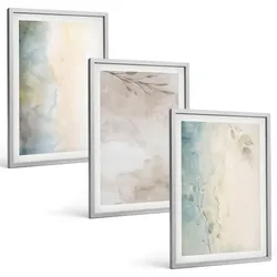 BILDER SET 3er Set - 40x60 cm Silberner Rahmen - Zarte Aquarellkartons
