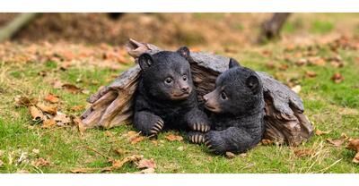 Hi-Line Gift Black Bear Cubs Hiding Under Log Statue