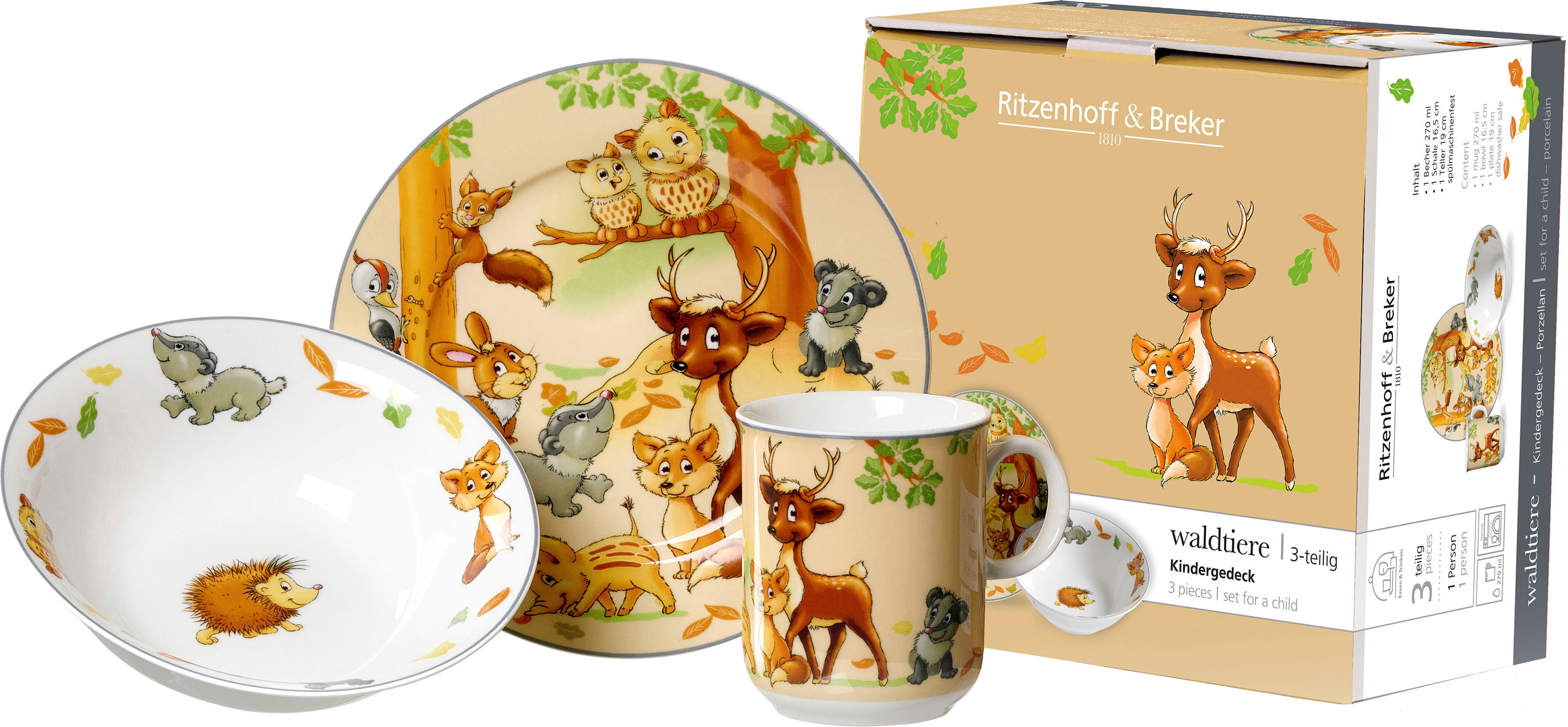 Kindergeschirr-Set RITZENHOFF & BREKER "Waldtiere", bunt, 3 Stk., Porzellan, Geschirr-Sets, Kindergeschirr-Set, in dekorativer Geschenkverpackung bunt 3 Stk.