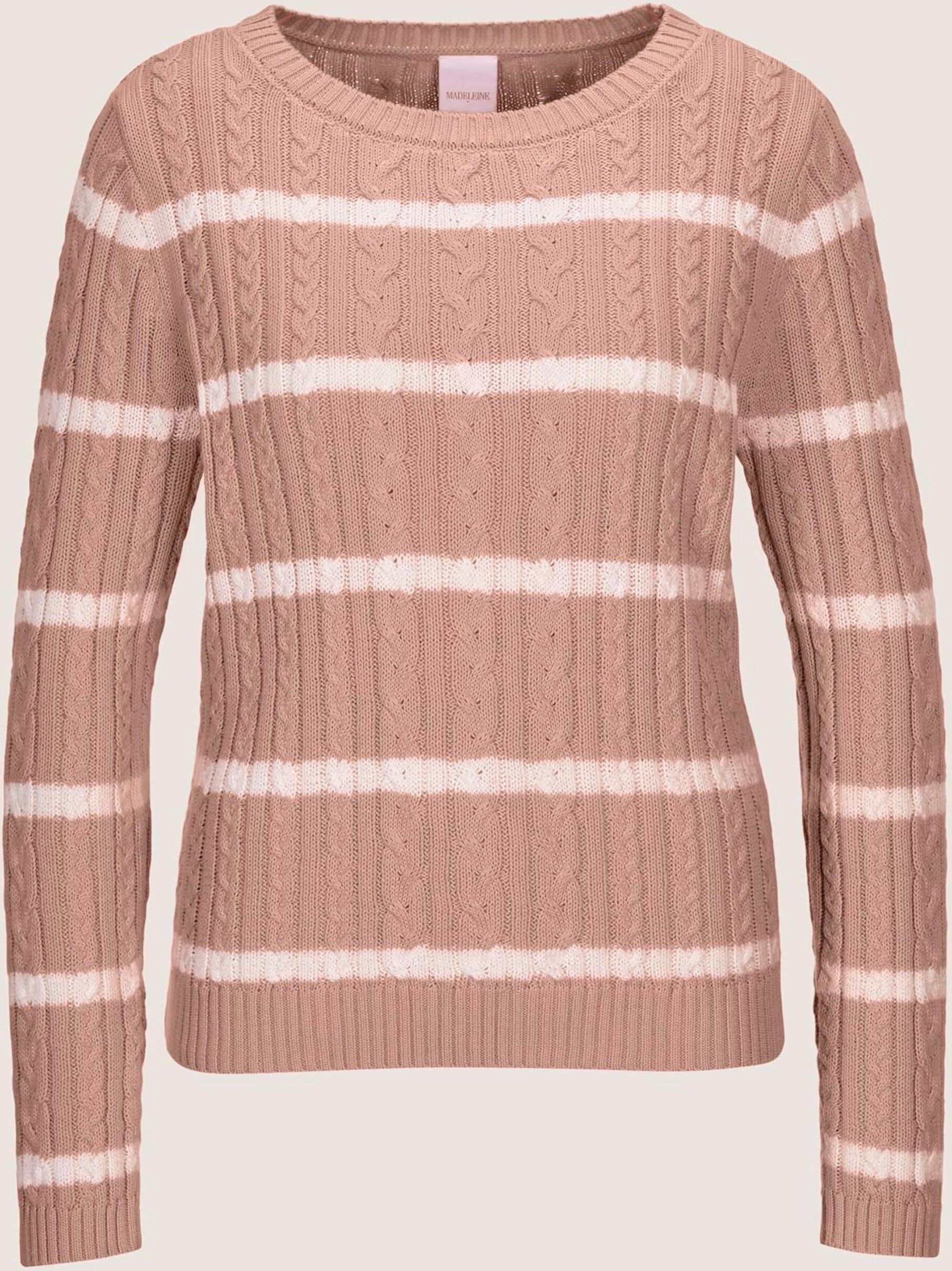 Longpullover MADELEINE "Strickpullover Moderner Baumwollpullover mit Zopfmuster und Ringel-Design", Damen, Gr. 48, weiß (blassrosa, wollweiß), Obermaterial: 100% Baumwolle CO., Modern, Pullover Longpullover, Kontraststreifen
