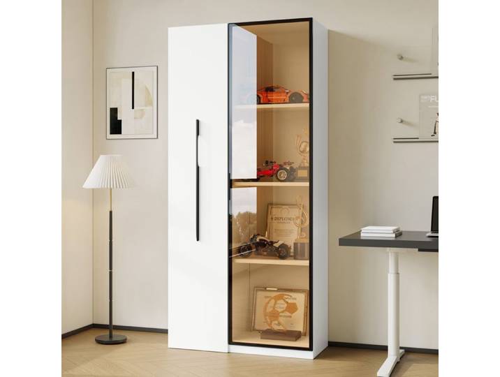 Vitrine 70x40x160 cm avec bibliothèque coulissante LED verre trempé MDF blanc