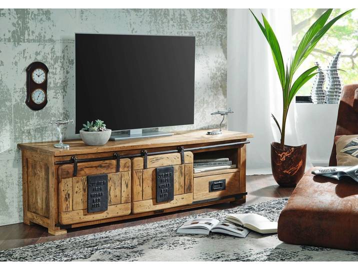 Meuble TV 160x45 Manguier laqué Bois naturel RAILWAY #101