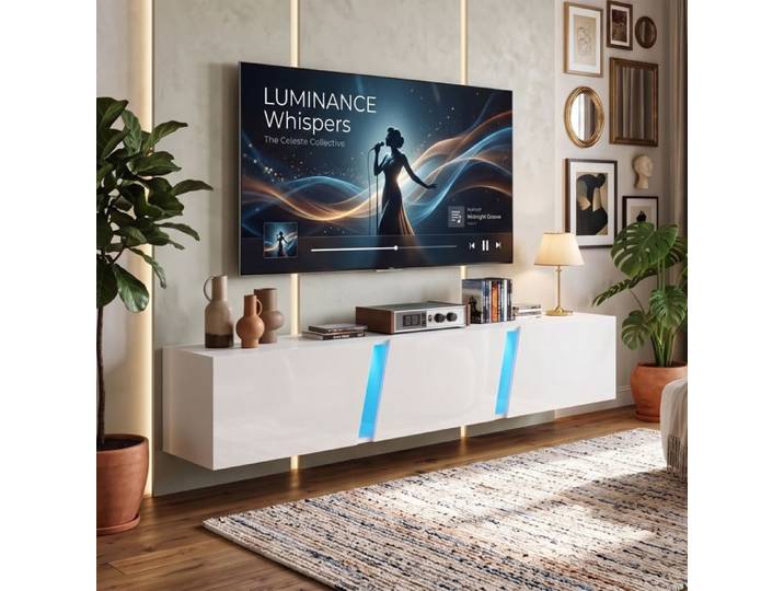 Meuble TV Suspendu 180x35x30 cm Gain de Place LED APP 3 Portes Rangement Blanc Laqué