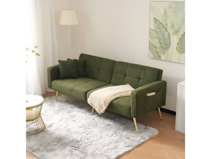 Xylo Canapé-Lit Convertible Dossier Réglable Pieds Dorés avec Coussins et Pochettes Latérales Vert Anthracite