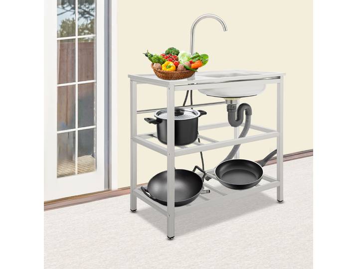 Évier de cuisine indépendant BYMAOCAR en acier inoxydable avec robinet et étagère, évier portable à cuve unique pour usage domestique et extérieur