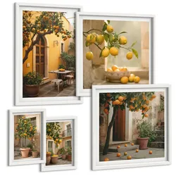 BILDER SET 5er Set - 50x50 cm & 20x30 cm & 40x60 cm Weißer Rahmen - Terrasse mit Zitrusbäumen