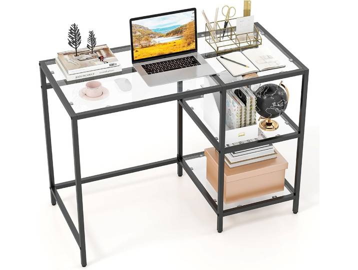 Bureau Informatique En Verre Trempé\, Petit Bureau Avec Rangement\, Bureau Compact Avec Avec 2 Étagères\, Pour Chambre\, Étude\, Salon (noir)