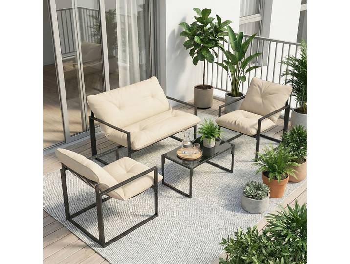 Outsunny Salon Jardin 4P Canapé+2 Fauteuils+Table Gris