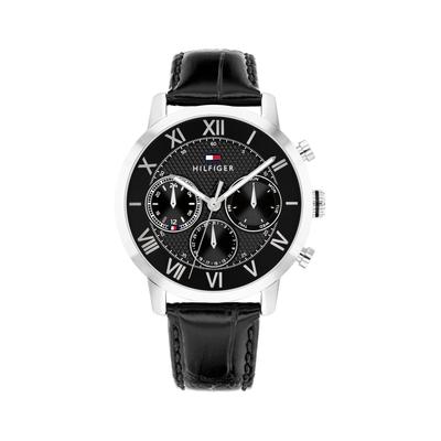 Multifunktionsuhr TOMMY HILFIGER "TH-OXFORD", schwarz (schwarz, edelstahlfarben, schwarz), Armbanduhren, Herren, edelstahlfarben, Quarzuhr, Armbanduhr, Herrenuhr, Lederarmband, analog