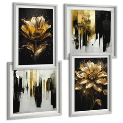 BILDER SET 4er Set - 50x50 cm & 40x60 cm Silberner Rahmen - Stilvolle moderne Blumen