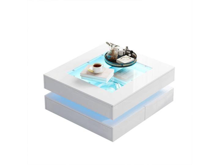 Urban Meuble Couchtisch 70x70 cm Weiß Hochglanz mit Glasplatte & Led, Quadratisch,Quadratisch, 70x35x70 cm, Wohnzimmer, Wohnzimmertische, Couchtische