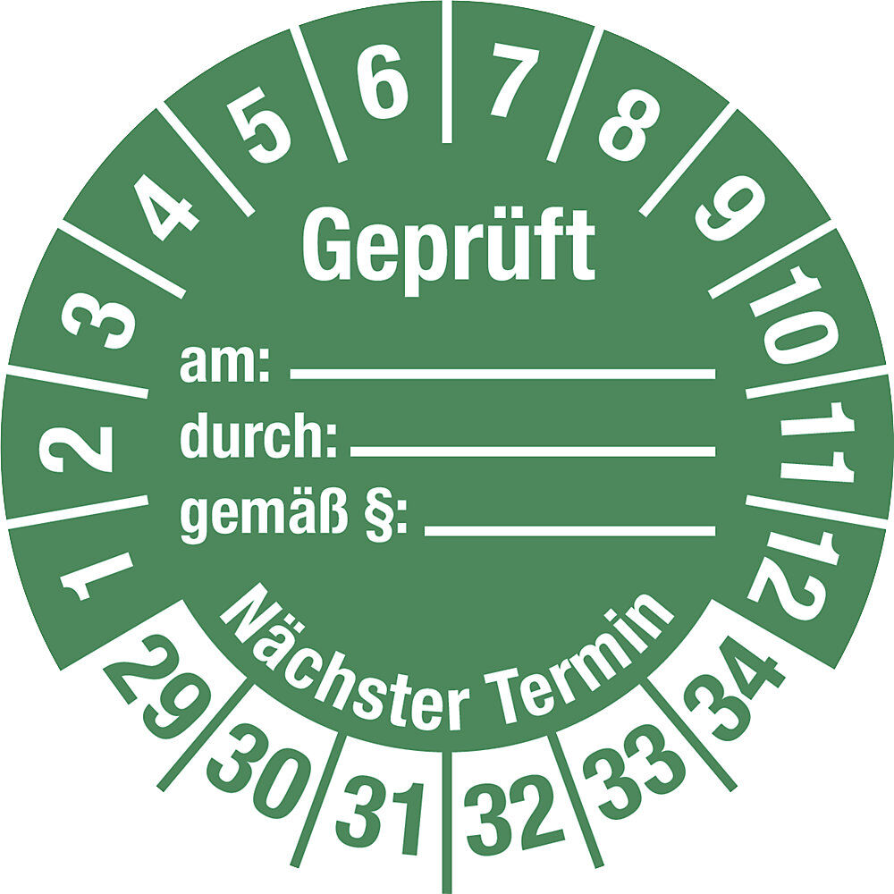 kaiserkraft Geprüft/Nächster Termin, Dokumentenfolie, Ø 30 mm, VE 10 Stk, 29 - 34, grün
