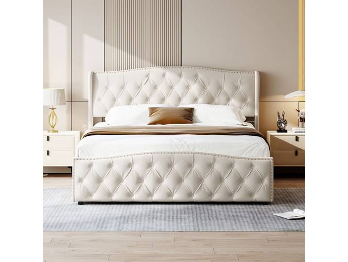 Lit Coffre 140x200 velours Lit Capitonne 2 personnes Lit Double Rembourré Grand lit adulte Cadre de lit avec rangement Beige