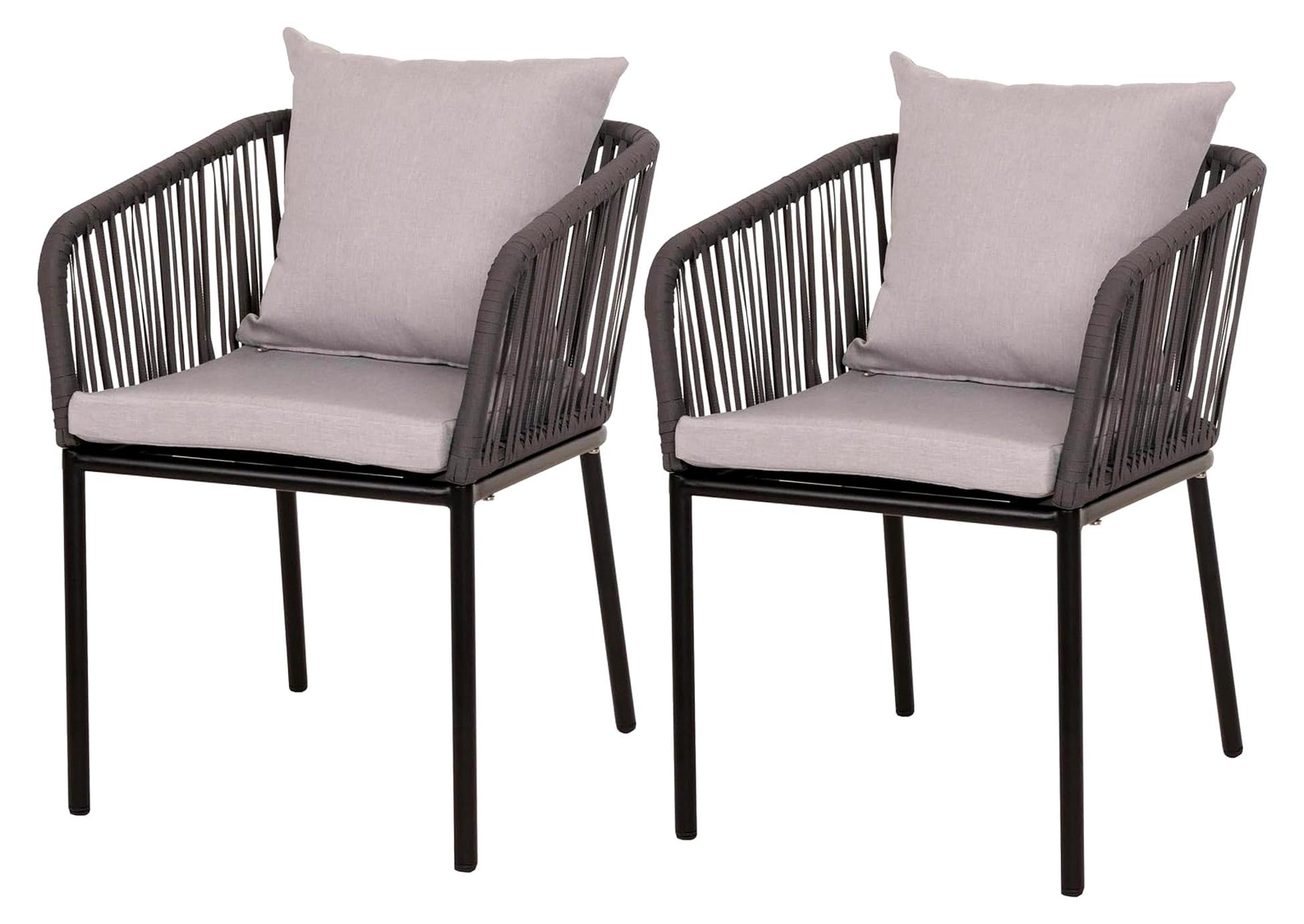 2er-Set Gartenstuhl H75xB55xT55cm Sitzhöhe 48cm wetterfest Aluminium Seilgeflecht Rope Anthrazit Kissen Grau Outdoor Armlehne