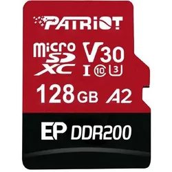 Patriot EP DDR200 + Leser/Micro SDXC/128GB/UHS-I U3 / Klasse 10 (128 GB, microSDXC, U3, UHS-I), Speicherkarte, Rot, Schwarz