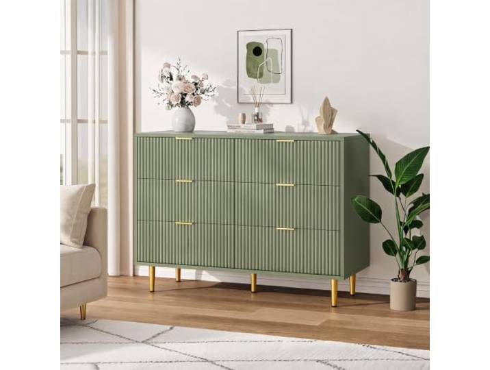 ZoomBuggy Nachttisch 6 Schubladen, Wellenfront Goldgriffe Avocadogrün Moderner Schubladenschrank mit goldenen Beinen, viel Stauraum und stabilem Design für Schlafzimmer, Wohnzimmer und Kinderzimm