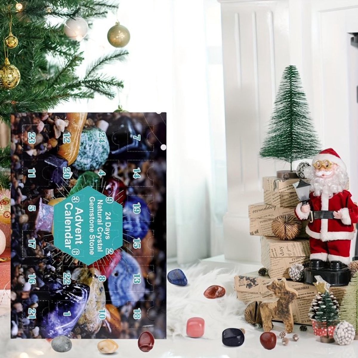 Kerstadventskalender met natuurlijke kristallen en agaat voor 24 dagen