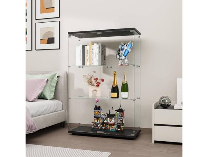 FANYUSHOW Glasvitrine Standvitrine in Schwarz, Modern Glas Holz Vitrine 3-Lagen Vitrine aus Glas für Sammlerstücke Bücher Wein, für Büro Wohnzimmer Küche, 125 x 79 x 36.5 cm