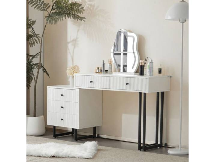 Xylo - Coiffeuse 3-en-1 : chevet miroir tiroirs tabouret roulant blanc