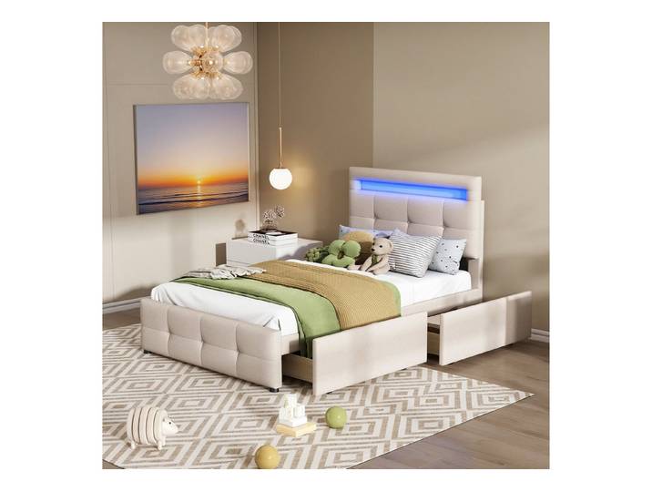 MODFU Polsterbett Kinderbett (mit LED-Licht & zwei Schubladen, Leinen 90×200 cm), Ohne Matratze