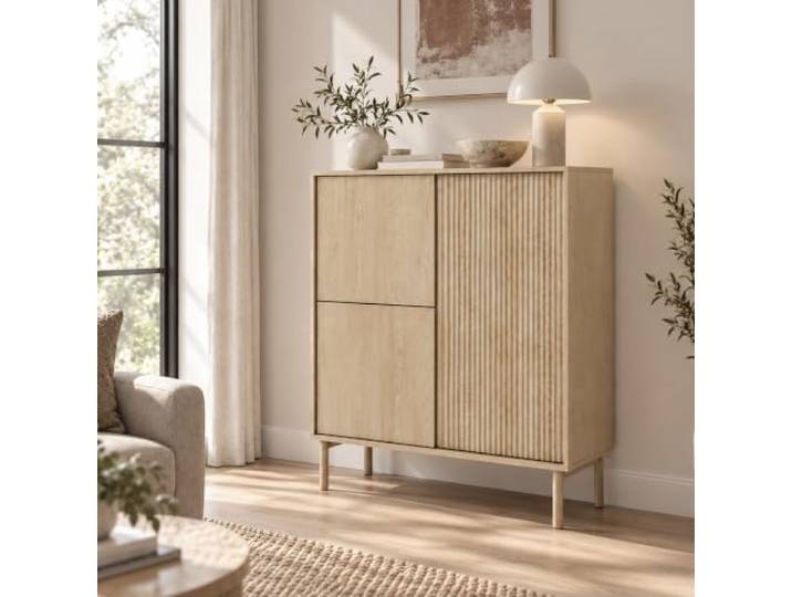 Lomadox Wohnzimmer Highboard in Cremona Eiche, 103 cm breit, Rillenfront, 3-türig