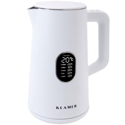KLAMER Edelstahl Wasserkocher mit Temperatureinstellung 40-100°C, Warmhaltefunktion, mattweißes Kaltgehäuse, doppelwandiger 1,5L Teekocher mit 1800W,…