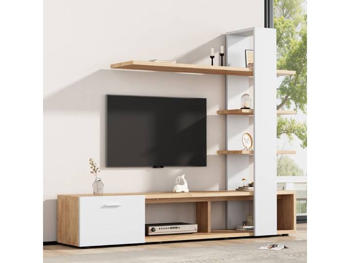 Meuble TV mural complet - ZEVKOR - Ensemble meuble TV mural - Blanc et décor bois - 1 porte - Pour TV jusqu'à 60 pouces