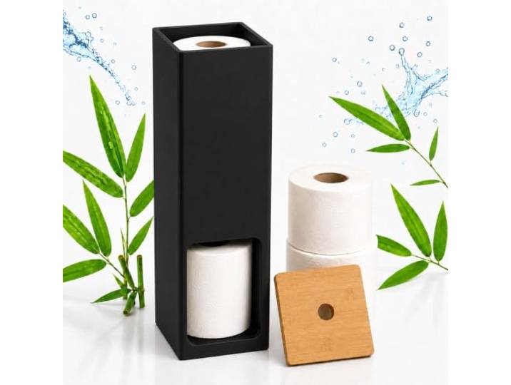 Relaxdays Rangement Papier Toilette\, 4 Rouleaux\, Noir/Naturel H x L x P : 46\,4 x 14 x 14 cm\, porte-papier sur pied