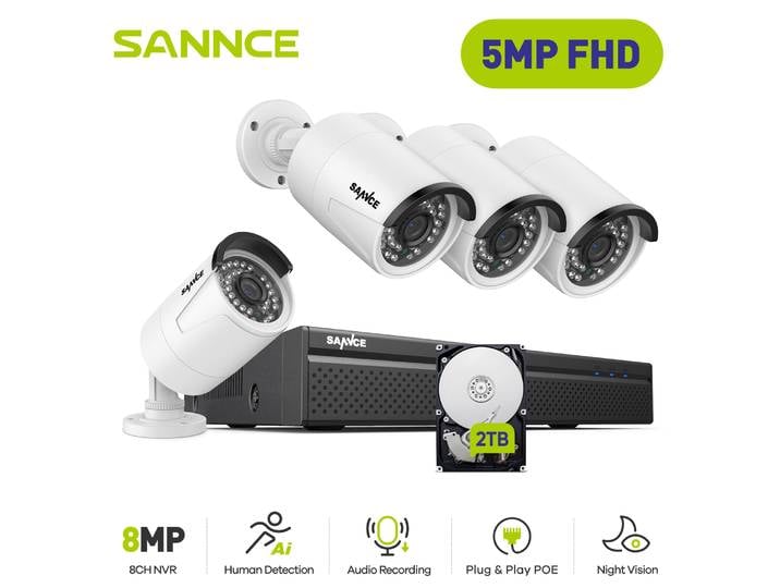 SANNCE-Ensemble de système de vidéosurveillance POE, sécurité CCTV, caméras IP extérieures, kit de surveillance, 8CH, 8MP, 5MP, NVR