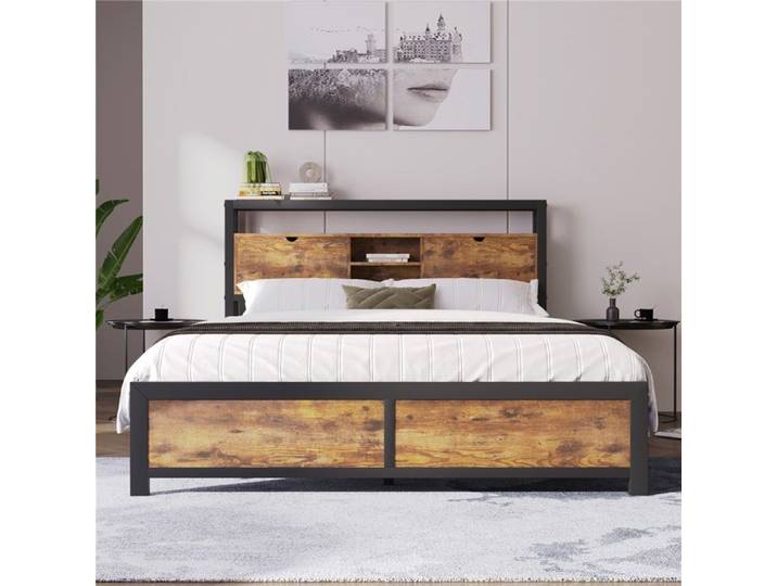Lit Double 140 X 200 cm avec Tête de Lit de Rangement et Sommier MéTallique Lit Enfant Cadre de Lit MéTallique pour Adultes