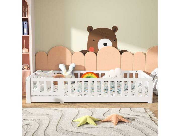 Lit Enfant - TIMPFEE - 90x200 cm - Bois Massif - Barrière de Sécurité - Blanc