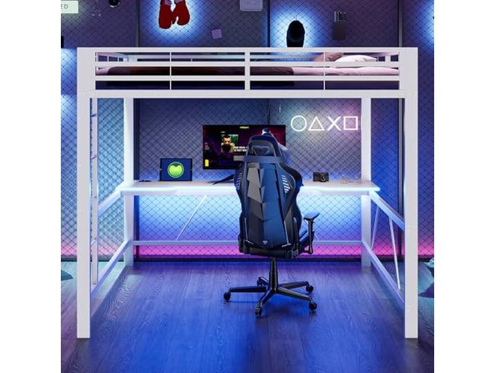 Metallbett Hochbett 160x200 mit LED-Licht & Schreibtisch & USB-Ladestation Etagenbett Kinderbett Jugendbett mit LED-Beleuchtung, USB-Ladefunktion, Doppelbett mit Rausfallschutz und Lattenrost, Weiß