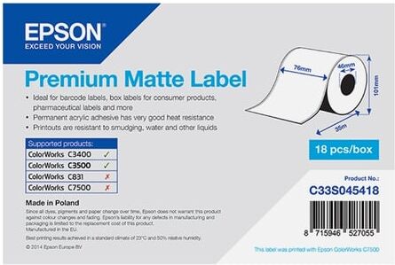 Epson S045418 etiqueta mate premium branca 76mm