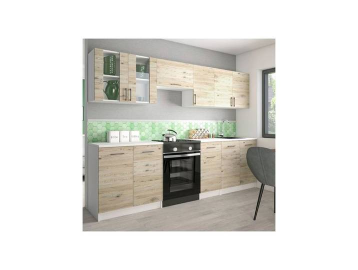 Cuisine Lecco 260 en chêne bordeaux avec plan de travail blanc
