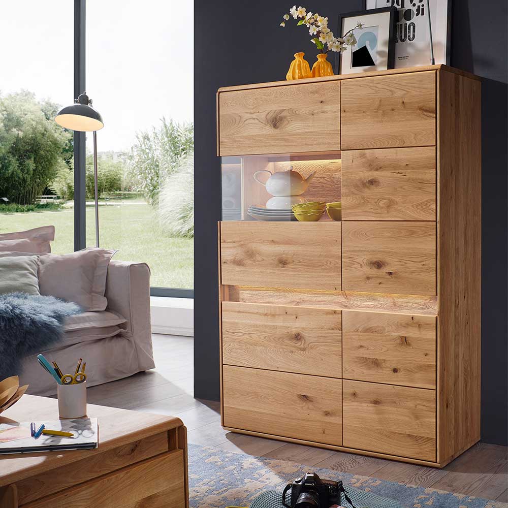 Pharao24.de Highboard Vitrine aus Wildeiche Massivholz LED Beleuchtung