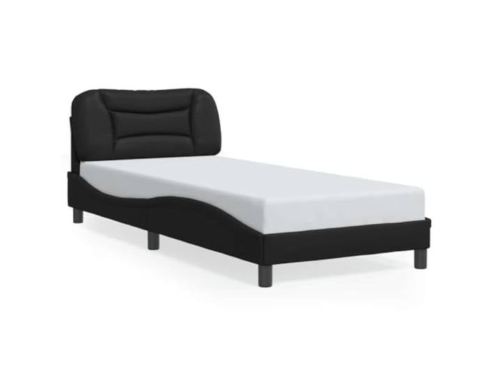 PUGYNBK Hvar Bettgestell Kunstleder, schwarz, 90 x 200 cm Gepolstertes Kopfteil, Holzlatten im Lieferumfang enthalten, Wellenmuster, einfache Reinigung
