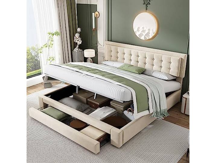 DUlVBPE Bett mit Kasten und Schubladen, Samtstoff, Polsterbett, Lattenrost, Doppelbett, großer Stauraum, 180 x 200, beige