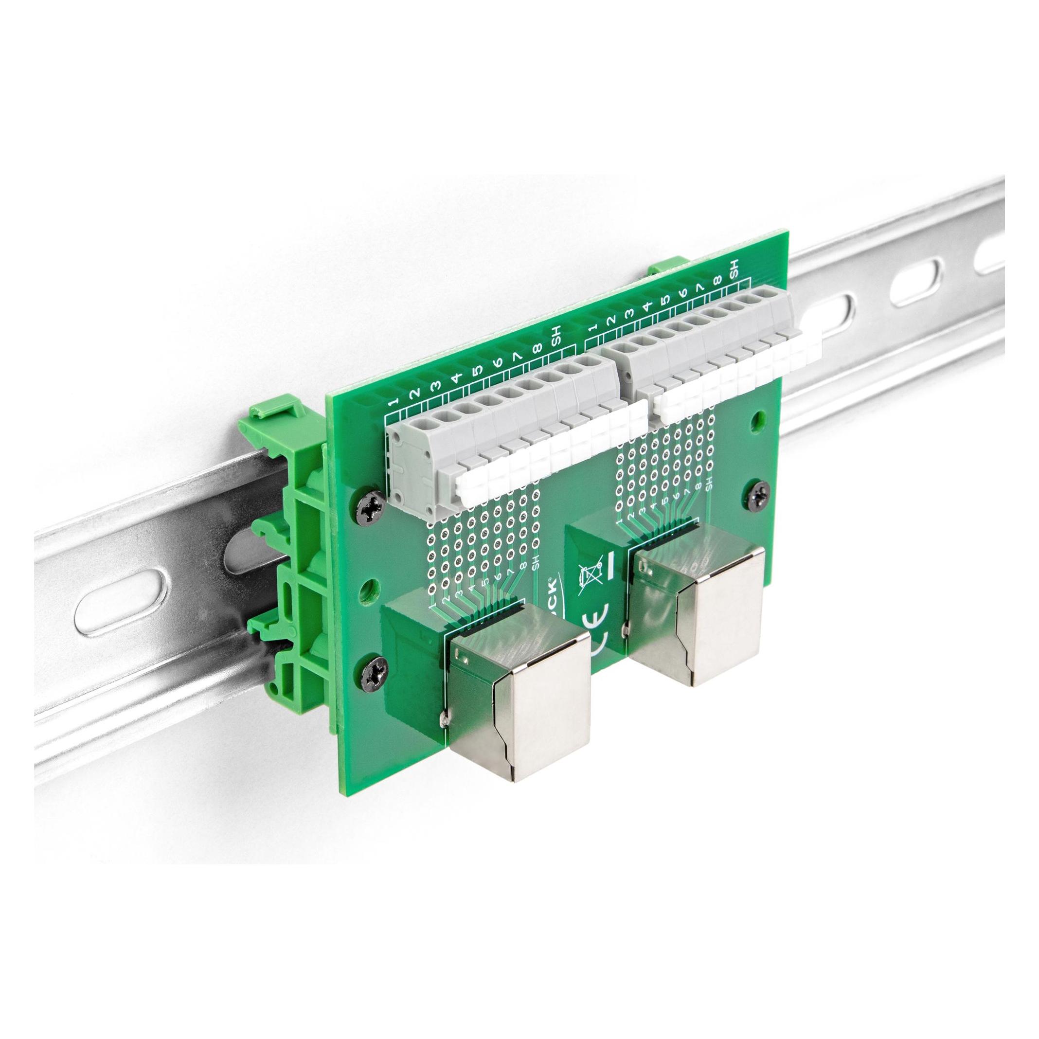Delock RJ45 2 x Buchse zu 2 x Terminalblock mit Drucktaster für Hutschiene (66994)
