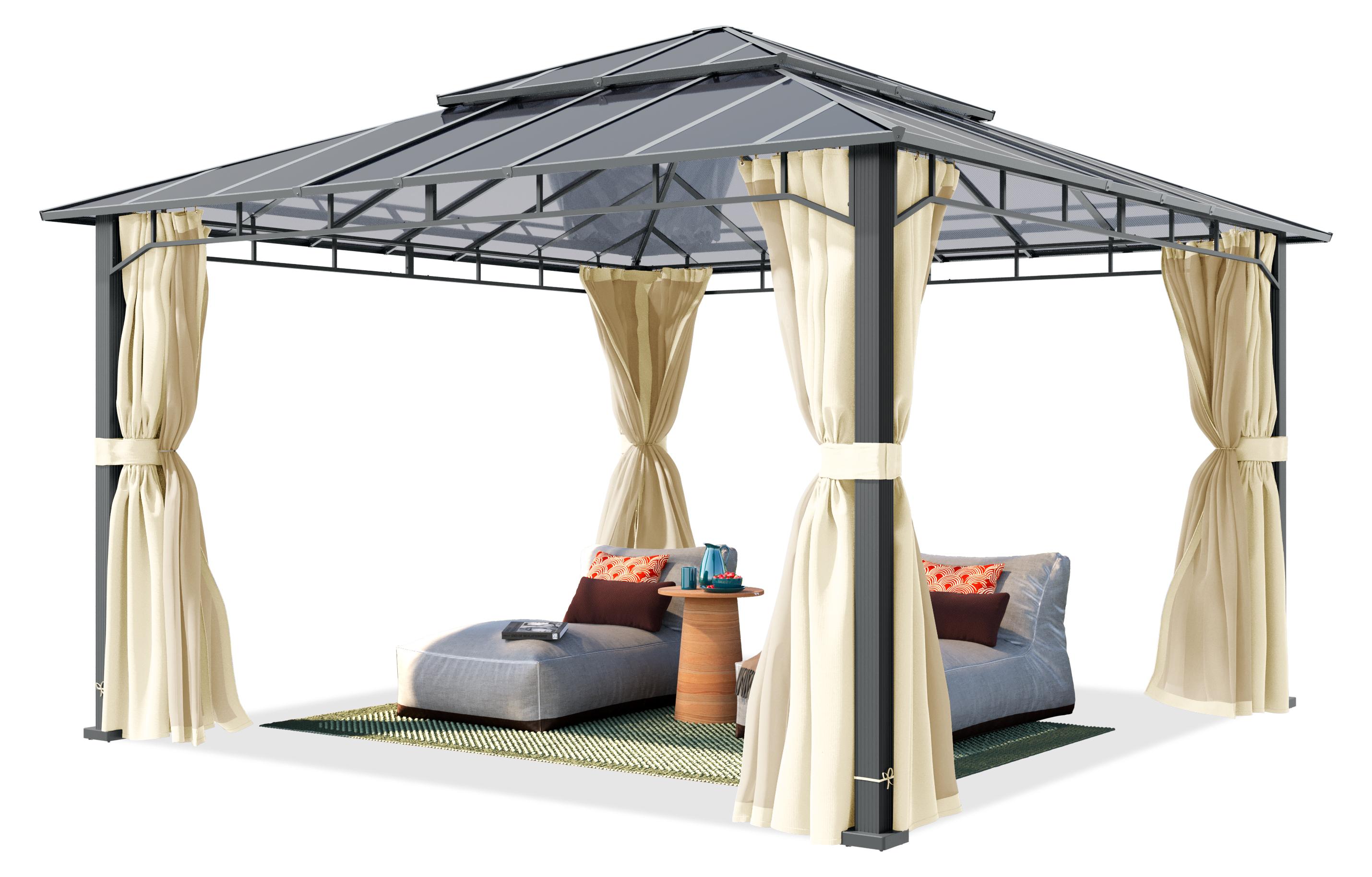 TOOLPORT Gartenpavillon 4x4 m Alu-Rahmen, Polycarbonat Dach ca. 8mm, beige - mit Seitenteilen und Moskitonetzen
