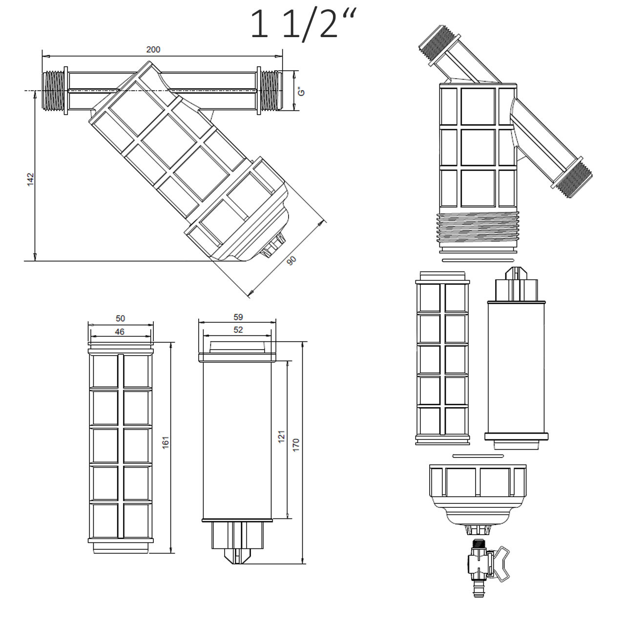 REKUBIK Wasserfilter Hydrozyklon Siebfilter 2x Außengewinde mit Spülhahn 2" AG x 2" AG 3388/0126