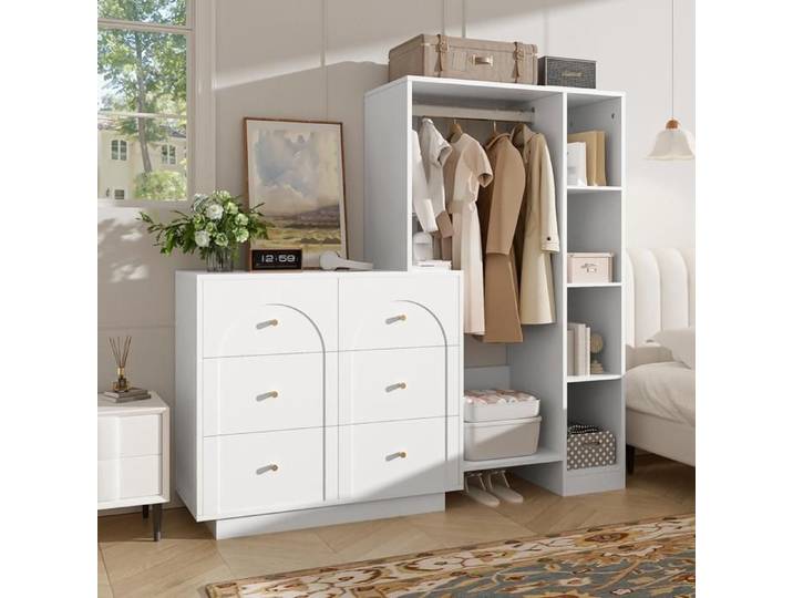 Commode Chambre avec Tringle à Vêtements 6 Tiroirs et étagères Latérales Armoire pour Chambre Armoire Polyvalente Moderne Blanc