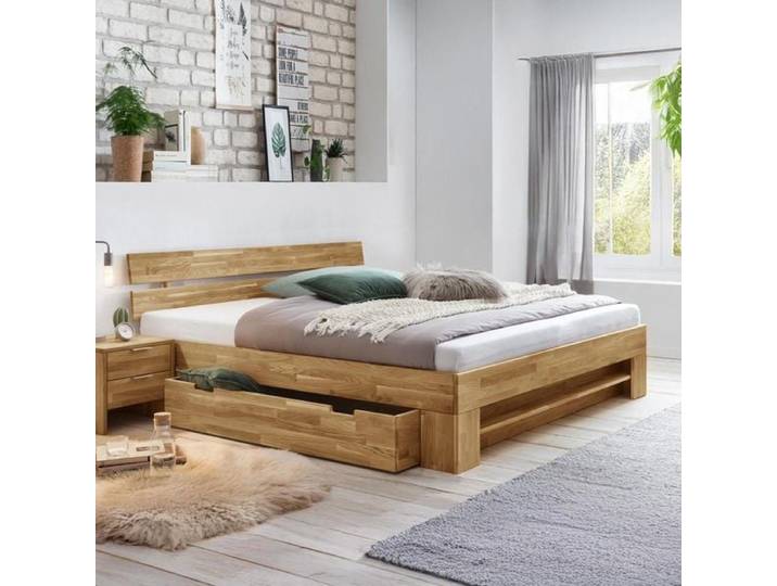 HOMELIV. Bett Kanata Komfort Wildeiche Massivholz mit Schubkasten 140x200cm rustikal,