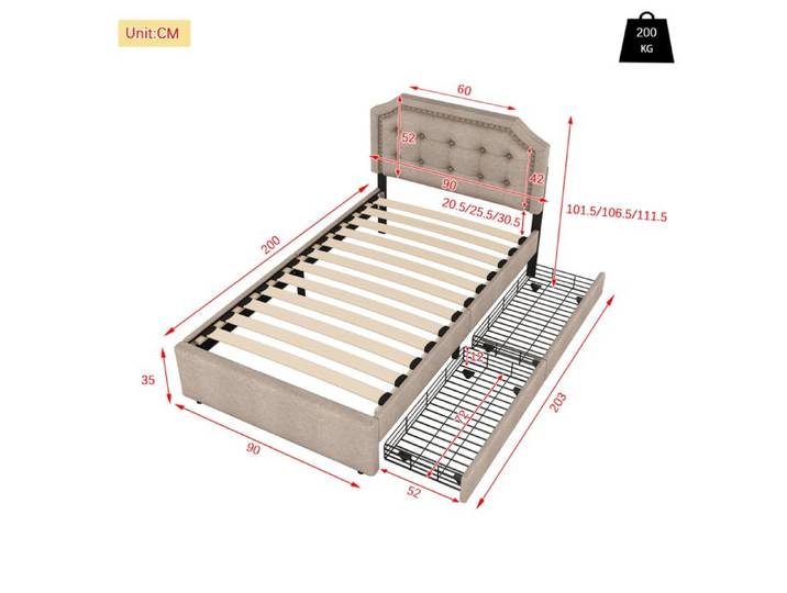 Lit plat lit rembourré 90x200cm chevet rembourré avec rivets décoratifs double tiroirs lin + MDF beige foncé sans matelas