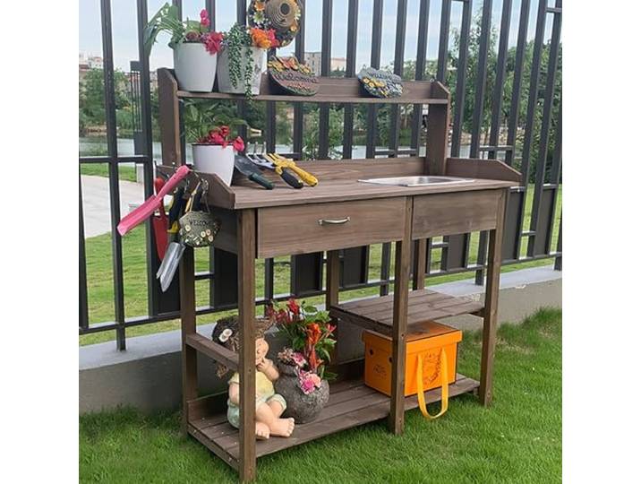 XGQXZWC Garten-Pflanztisch, Holzarbeitsplatz mit Abnehmbarem Edelstahlspülbecken, Offenen Regalen, Wetterfester Gartentisch-Arbeitsplatz mit Aufbewahrungsschubladen und Seitlichen Haken(Color:Wood)