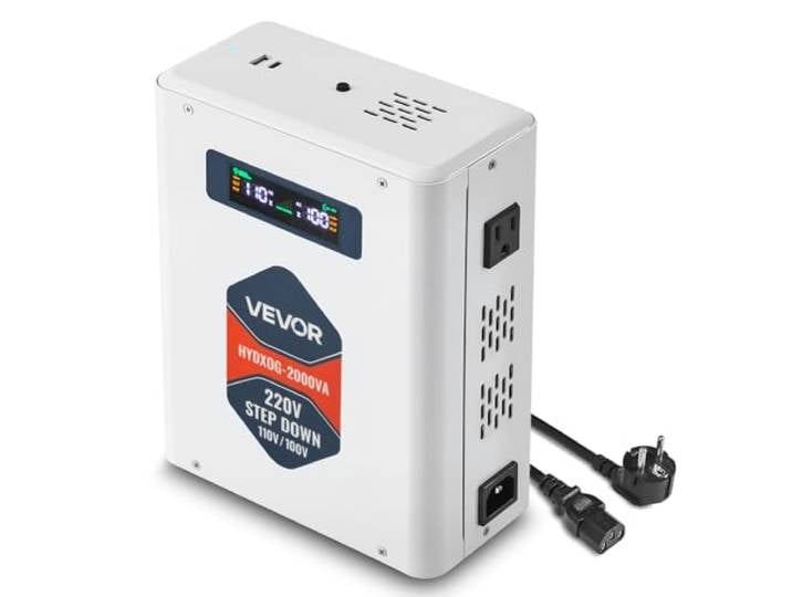 VEVOR Transformateur 220 V à 110 V\, Transformateur de Tension Abaisseur 2000 VA\, avec 2 Prises Américaines\, Sortie USB\, Écran LCD\, Protection Contre Surcharges Surintensités\, pour Appareils 110 V