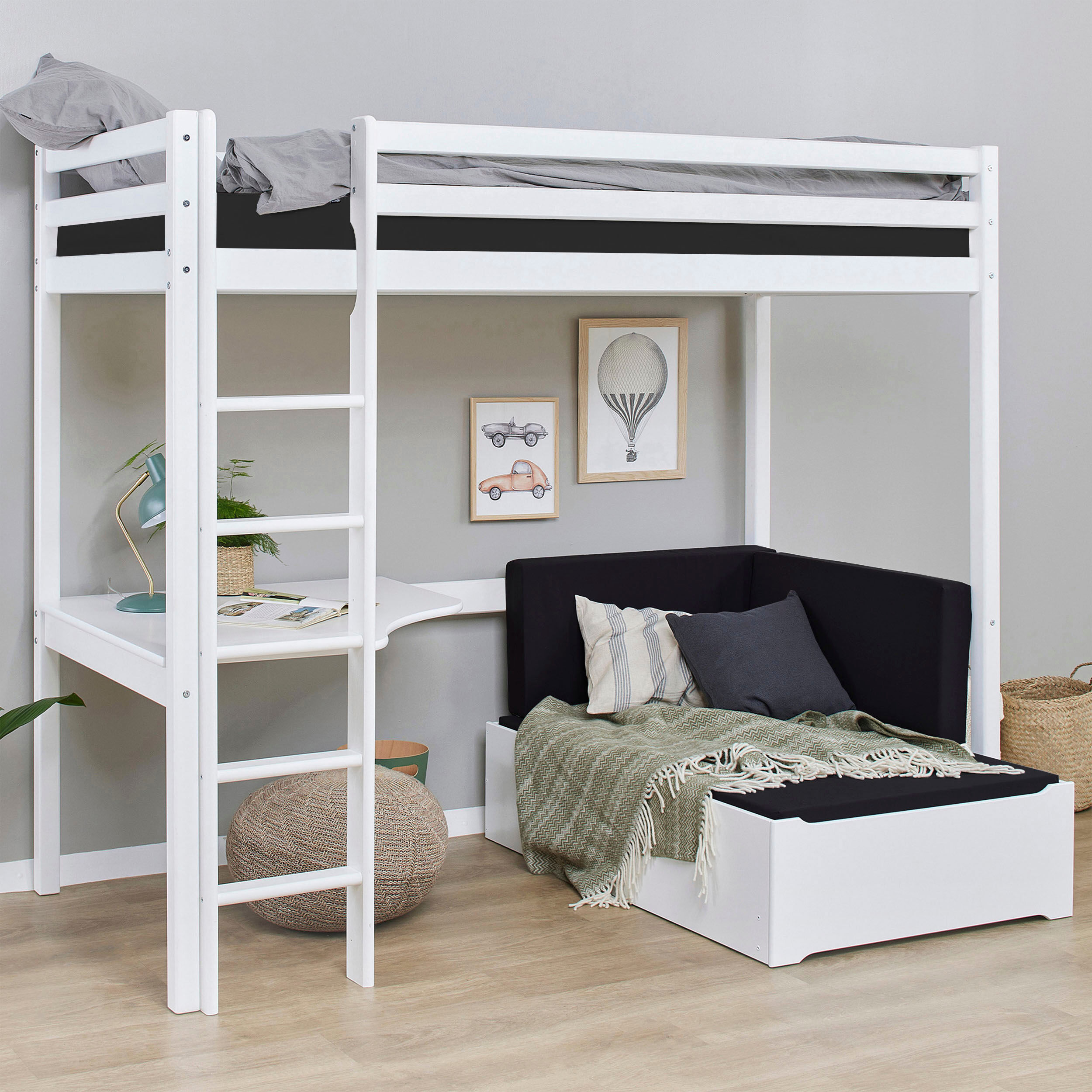 Hochbett HOPPEKIDS "ECO Dream 90x200 mit Schreibtisch & Loungesofa / Gästebett", schwarz (kiefer, weiß lackiert, schwarz), Liegefläche B/L: 90cm x 200cm, kein Härtegrad, kein Härtegrad, Hochbetten, Hochbett, Kinderbett aus Massivholz, Sofa ausziehbar zum 