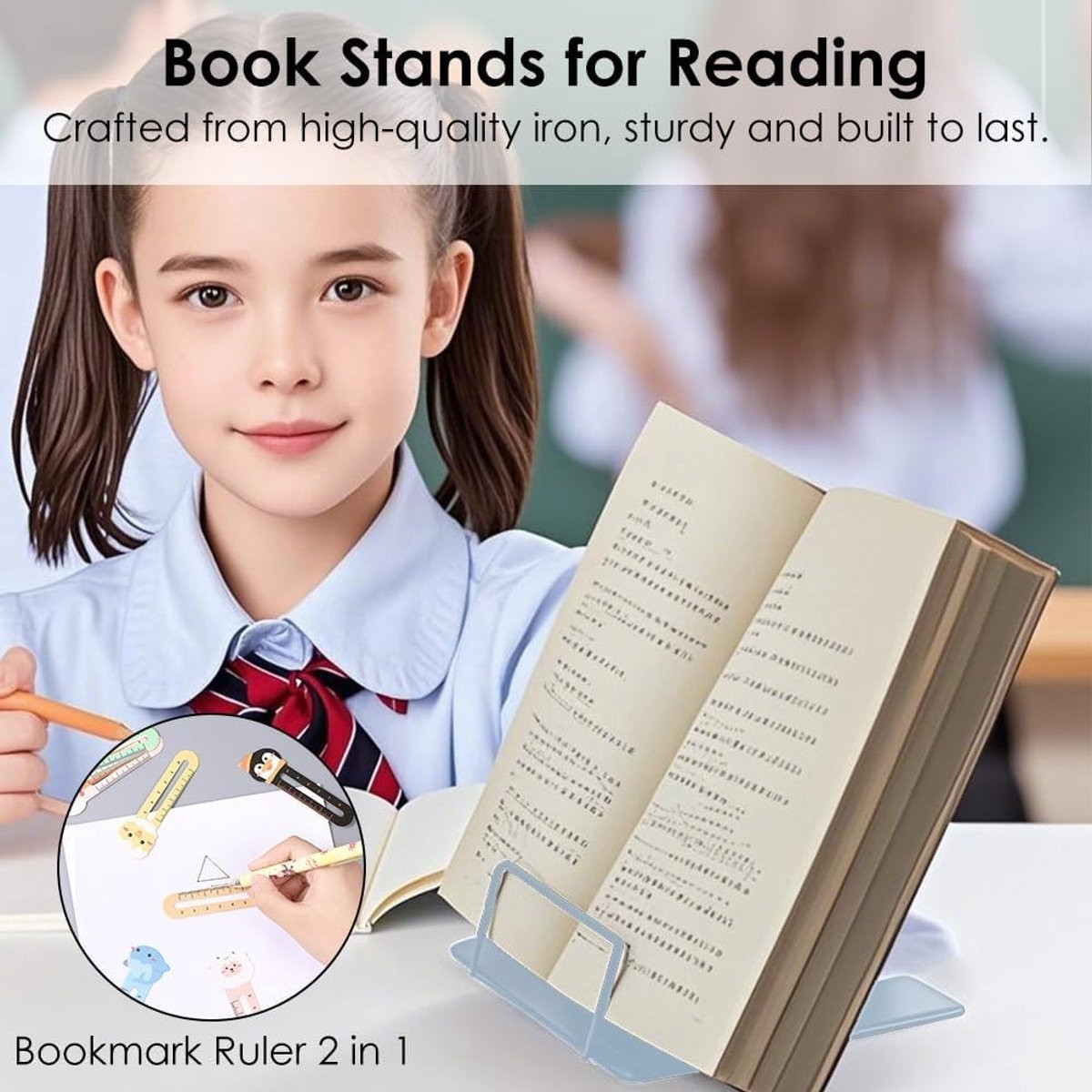Verstelbare metalen boekenstandaard voor kinderen met antislip functie en 5 accessoires