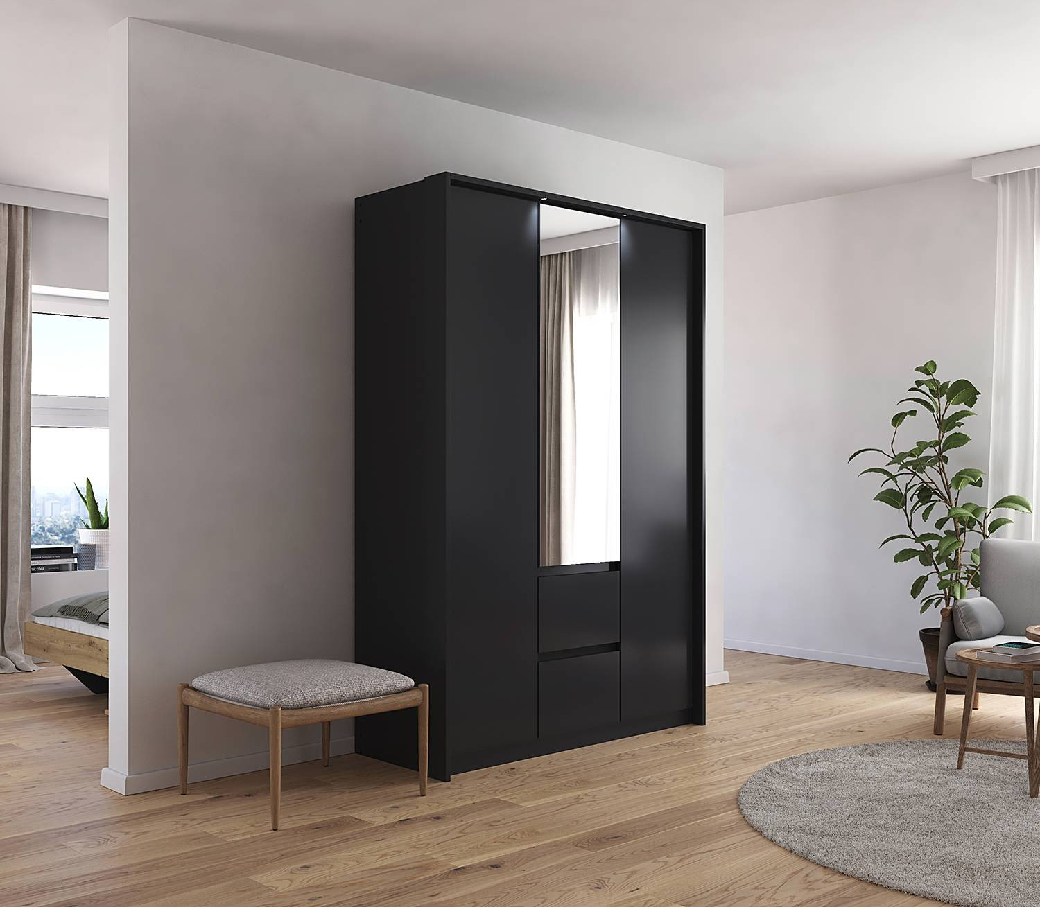 home24 Draaideurkast met spiegeldeur en LED-verlichting, grijs/metallic grijs