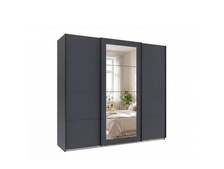 Schwebetürenschrank 3-trg Kleiderschrank 225 cm in Grafit m. Spiegel, Griffe schwarz / 22627